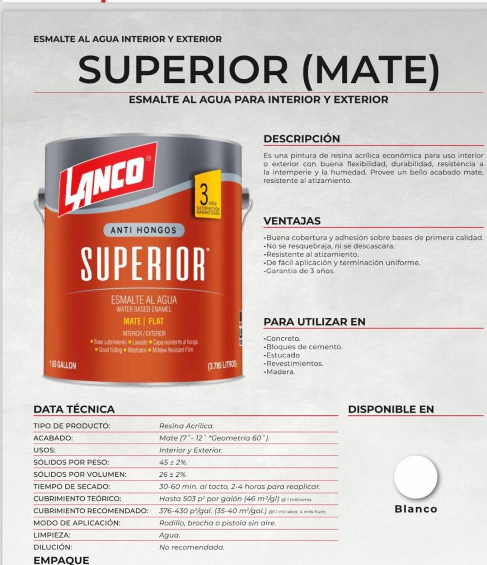 Lanco Esmalte al Agua Superior Mate (Blanco)