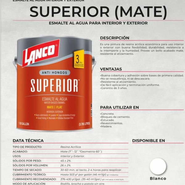 Lanco Esmalte al Agua Superior Mate (Blanco)