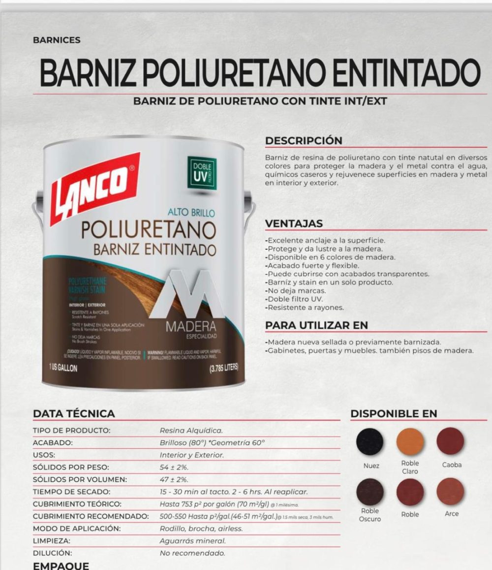 Lanco Barniz de Poliuretano Más Stain 2 en 1 - Brillante
