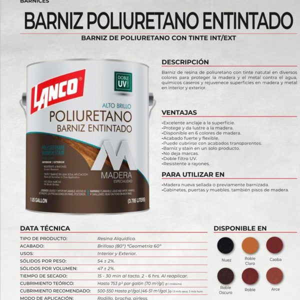 Lanco Barniz de Poliuretano Más Stain 2 en 1 - Brillante
